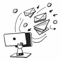 Person with Magic Laptop and Floating Emails concept as A person holding a magic laptop with floating emails set against a blank background offering space for text or graphics symb pure Set 2 vector
