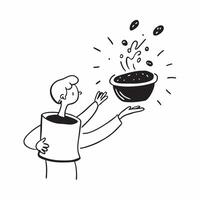 Person with Magic Cooking Pot and Floating Ingredients concept as A person holding a magic cooking pot with floating ingredients set against a clean background providing space for pure vector