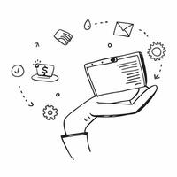 Person with Magic Laptop and Floating Tech Icons concept as A person holding a magic laptop with floating tech icons set against a clean background providing space for text or grap pure vector