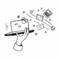 Person with Magic Laptop and Floating Tech Icons concept as A person holding a magic laptop with floating tech icons set against a clean background providing space for text or grap pure Set 2 vector