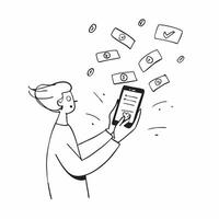 Person with Magic Phone and Floating Messages concept as A person holding a magic phone with floating messages set against a clean background providing space for text or graphics s pure vector