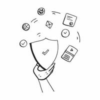 Person with Magic Shield and Floating Security Icons concept as A person holding a magic shield with floating security icons set against a clean background providing space for text pure vector