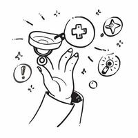 Person with Magic Stethoscope and Floating Medical Symbols concept as A person holding a magic stethoscope with floating medical symbols set against a clean background providing sp pure Set 2 vector