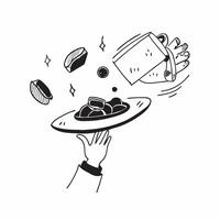 Person with Magic Tray and Floating Food concept as A person holding a magic tray with floating food items set against a clean background providing space for text or graphics symbo pure Set 2 vector