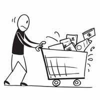 Person with Shopping Cart and Groceries for Retail Service concept as A person pushing a shopping cart filled with groceries set against a blank background providing space for text pure vector