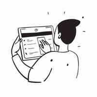 Person with Tablet and Booking System for Hospitality Service concept as A person using a tablet with a booking system set against a blank background providing space for text or gr pure Set 4 vector