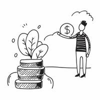 Person with Tree Growing from Money Stack concept as A person with a small tree growing from a stack of money set against a clean background with ample space for text or graphics s pure vector