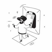 Person with VR Headset in Abstract Glossy Room concept as A person wearing a VR headset in a glossy futuristic abstract room representing immersive technology in remote work Camer pure Set 3 vector