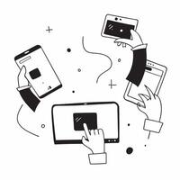 Professional using multiple devices in a glossy flexible workspace concept as Camera movement Pan across the various devices used by the professional Scene A sleek and modern work pure vector