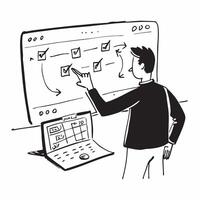 Product manager reviewing a glossy product roadmap in a flexible workspace concept as Camera movement Zoom into the screen showing a detailed product roadmap with milestones Scene pure Set 2 vector