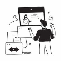 Remote teacher conducting a class via a glossy digital platform concept as Camera movement Pan across the screen showing educational content and student interactions Scene A clean pure vector