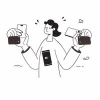 Shopper Comparing Two Smartphones concept as Candid shot of a shopper holding two smartphones in a store trying to decide between them during a Black Friday sale capturing the comp pure vector