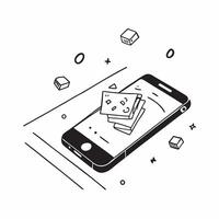 Smartphone with holographic app icons hovering above copy space below concept as A high angle shot of a sleek smartphone with holographic app icons floating just above the screen pure vector