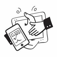 Tablet and Handshake Icons with Business Deal text isolated on white background concept as Camera movement Focus on the tablet and handshake icons highlighting virtual business dea pure vector