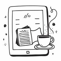 Tablet and coffee mug with Morning Routine text in a border frame with copy space concept as Camera movement Zoom into the tablet and coffee mug with text Scene Relaxed and modern pure Set 2 vector