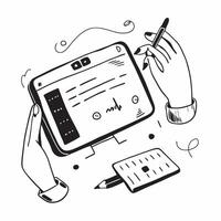 Tablet and Keyboard with Remote Work Text concept as A tablet and keyboard with Remote Work text on a white background illustrating the blend of digital and manual tools in remote pure vector