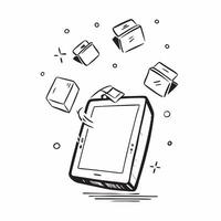 Tablet with Holographic Gift Boxes concept as Vertical shot of a tablet standing upright on a white surface surrounded by floating holographic gift boxes creating a dynamic Black F pure vector