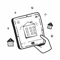 Tablet with Holographic Home Office Icon and Calendar Icon concept as A photo featuring a tablet with a glossy glowing holographic home office icon and calendar icon The objects a pure Set 3 vector