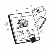 Tablet with Holographic Home Office Icon and Calendar Icon concept as A photo featuring a tablet with a glossy glowing holographic home office icon and calendar icon The objects a pure Set 4 vector