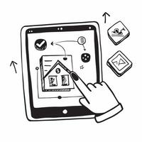 Tablet with Holographic Home Office Icon and Calendar Icon concept as A photo featuring a tablet with a glossy glowing holographic home office icon and calendar icon The objects a pure Set 9 vector