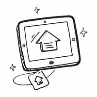 Tablet with Holographic Home Office Icon and Calendar Icon concept as A photo featuring a tablet with a glossy glowing holographic home office icon and calendar icon The objects a pure Set 14 vector