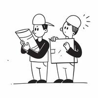 Two Builders with Tools and Blueprints concept as Two builders holding tools and blueprints set against a clean background offering ample space for text or graphics symbolizing eff pure Set 3 vector