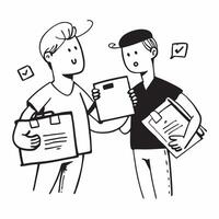Two Couriers with Delivery Boxes and Clipboards concept as Two couriers holding delivery boxes and clipboards set against a clean background offering ample space for text or graphi pure vector