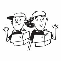 Two Delivery Workers with Boxes and Smiles concept as Two delivery workers holding boxes and smiling set against a clean background offering ample space for text or graphics symbol pure Set 4 vector