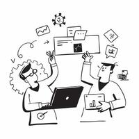 Two IT Professionals with Computers and Office Supplies concept as Two IT professionals using computers with office supplies around set against a clean background offering ample sp pure vector