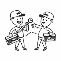Two Mechanics with Wrenches and Toolboxes concept as Two mechanics holding wrenches and toolboxes set against a clean background offering ample space for text or graphics symbolizi pure vector