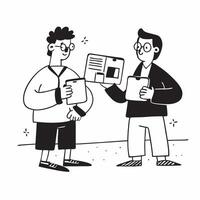 Two Office Assistants with Coffee Cups and Laptops concept as Two office assistants holding coffee cups and using laptops set against a clean background offering ample space for te pure vector