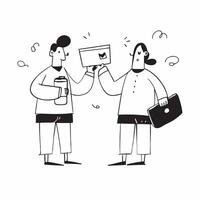 Two Office Assistants with Coffee Cups and Laptops concept as Two office assistants holding coffee cups and using laptops set against a clean background offering ample space for te pure Set 3 vector