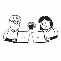 Two Office Assistants with Coffee Cups and Laptops concept as Two office assistants holding coffee cups and using laptops set against a clean background offering ample space for te pure Set 2 vector