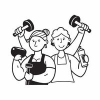 Two Personal Trainers with Barbells and Water Bottles concept as Two personal trainers holding barbells and water bottles set against a clean background offering ample space for te pure Set 4 vector