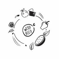 Watercolor fruits and vegetables border with World Food Day text and copy space concept as Camera movement Pan across the watercolor fruits and vegetables border Scene Isolated wh vector