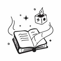 Witchs Grimoire and Candle with Spell Text concept as An isolated featuring an open witchs grimoire and a candle with the word Spell in a mystical font The elements are set vector