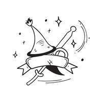 Witch Hat and Broom with Enchantment Text concept as A sleek isolated featuring a witch hat and broom crossed with the word Enchantment elegantly placed underneath The elem vector
