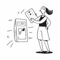 Woman Scanning QR Code on Phone concept as A woman scanning a QR code for mobile banking on her phone with a blank background offering space for additional content in Photo Stock pure vector