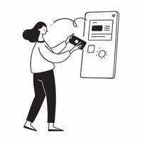 Woman Setting Up Mobile Banking App concept as A woman setting up her mobile banking app on her smartphone with a blank background offering space for additional text or design elem pure vector