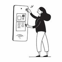 Woman Setting Up Mobile Payment Method concept as A woman setting up a payment method in her mobile banking app with a plain background offering space for text or additional elemen pure vector