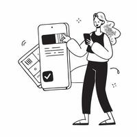 Woman Using Mobile Banking to Pay for Subscription concept as A woman using a mobile banking app on her smartphone to pay for a subscription set against a plain background with spa pure Set 2 vector