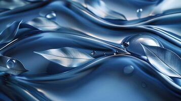 Smooth blue waves with metallic leaves and droplets create a serene, abstract environment photo