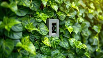 A modern thermostat embedded in lush green ivy, showcasing nature's integration with technology photo