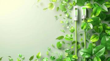 Green foliage surrounding two charging devices on a light background, symbolizing eco-friendly technology photo