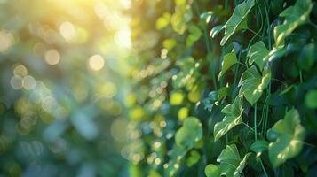 Lush green ivy leaves basking in sunlight with a soft bokeh background effect photo