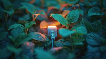 Illuminated power plug blending with lush green plants in a serene environment at dusk photo