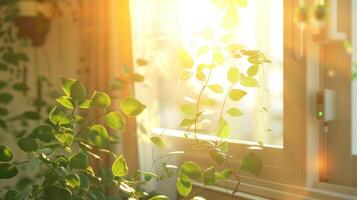 Sunlight streaming through a window illuminating vibrant green plants in a cozy indoor setting photo