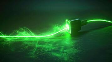 A glowing green laser beam emanating from a futuristic device against a dark background photo