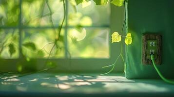 Lush Green Vines Cascading Near a Window with a Power Outlet, Illuminated by Soft Natural Light photo