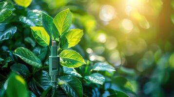 Close-up of vibrant green leaves with a watering device, sunlight filtering through foliage photo